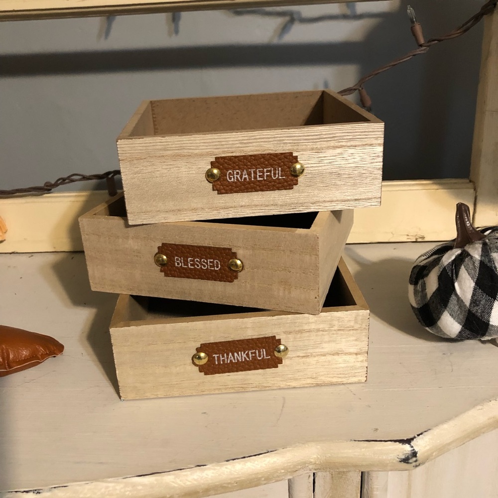 3 piece wooden box trays with leather Thankful, Grateful and Blessed
